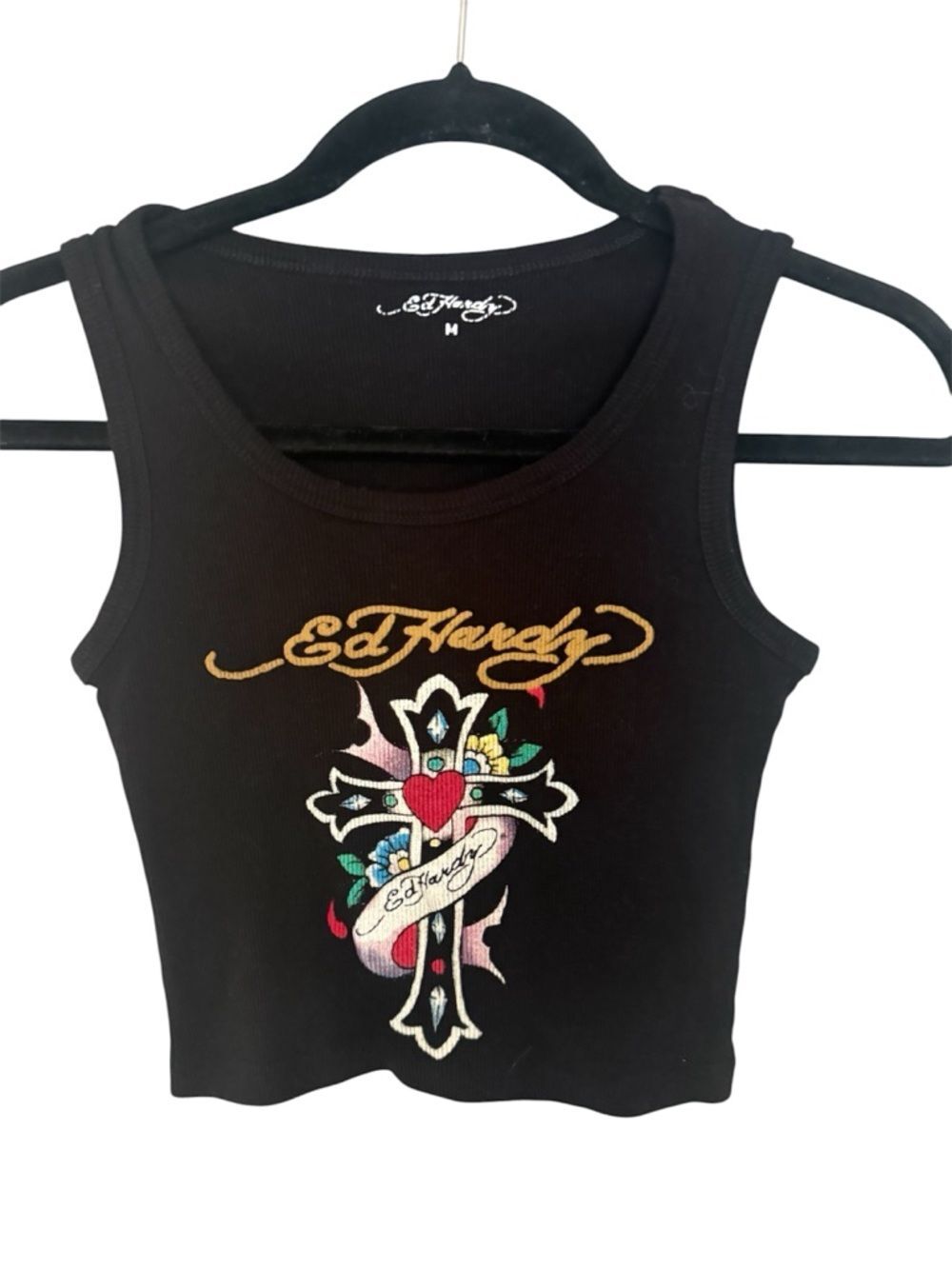Ed Hardy Y2K Ribbed Graphic Crop Tank Top -Size M